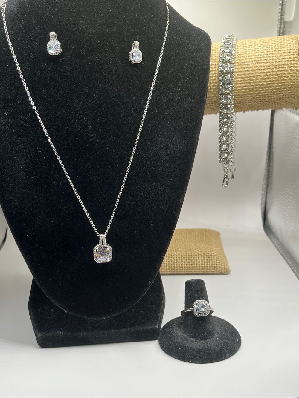 Clear Crystal Pendant Necklace - Adjustable Ring- Earrings & Bracelet